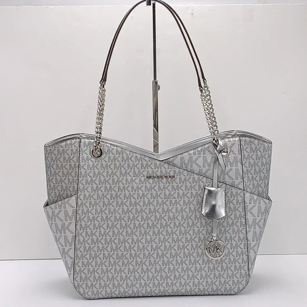 Michael Kors Jet Set Travel Large Chained Tote Shoulder Bag MK  Silver  NWT